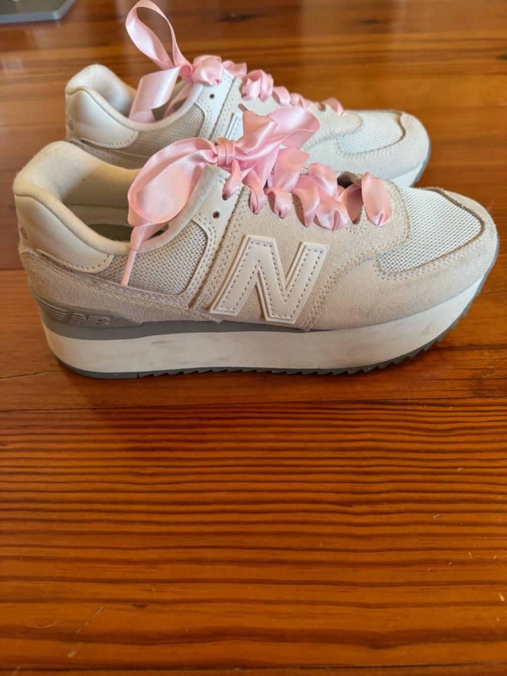 New Balance 574 Cream Platform Sneakers with Pink Ribbon Laces